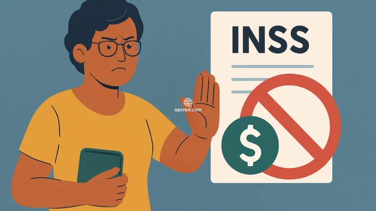 Mulher brasileira fazendo gesto de “pare” diante de um documento do INSS com símbolo de bloqueio, representando a recusa de empréstimo consignado.