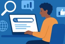 Pessoa usando laptop para realizar pesquisa online, com ícones de busca, gráficos e comunicação digital sobre fundo azul.