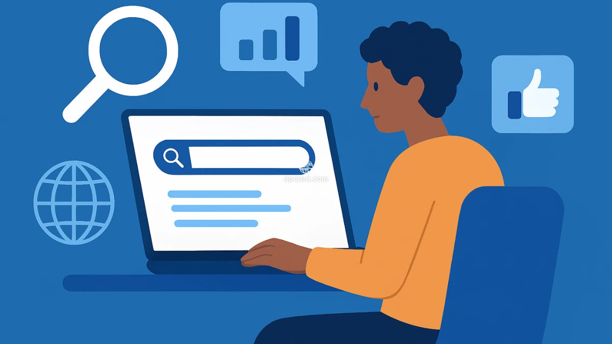 Pessoa usando laptop para realizar pesquisa online, com ícones de busca, gráficos e comunicação digital sobre fundo azul.