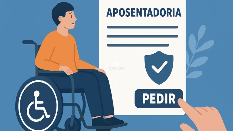 Pessoa com deficiência em cadeira de rodas solicitando aposentadoria por tempo de contribuição, com fundo azul e elementos visuais que representam inclusão e burocracia previdenciária.