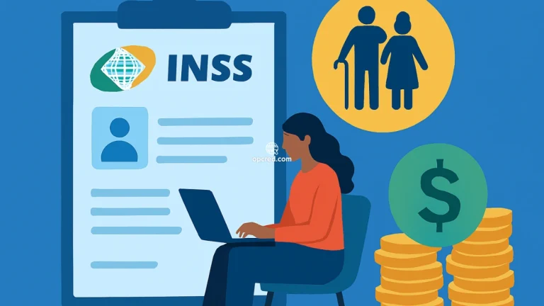 Mulher brasileira usando notebook para solicitar aposentadoria por tempo de contribuição no INSS, com ícones de idosos e moedas ao fundo.