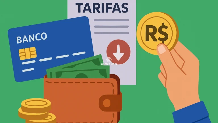 Imagem ilustrativa de finanças pessoais com cartão bancário, documento de tarifas, carteira com dinheiro e mão segurando moeda de real, representando economia com tarifas bancárias.