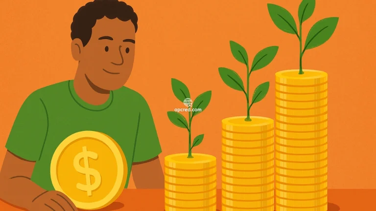 Homem observando pilhas de moedas douradas com plantas crescendo no topo, simbolizando o crescimento do dinheiro com juros compostos.