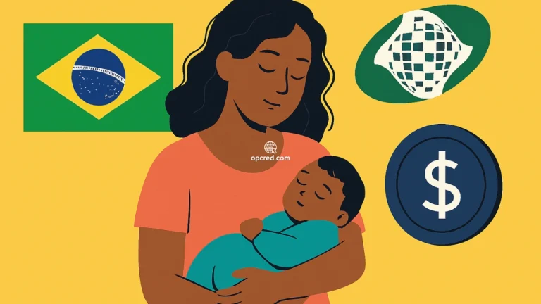 Mãe brasileira segurando seu bebê recém-nascido, com símbolos do INSS, bandeira do Brasil e moeda Real ao fundo, representando o benefício do salário-maternidade urbano.