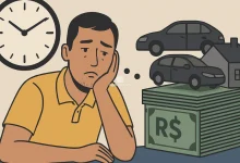 Homem brasileiro sentado à mesa, olhando pensativo para um relógio e uma pilha de dinheiro com carro e casa ao fundo, representando a espera pela contemplação em consórcio.