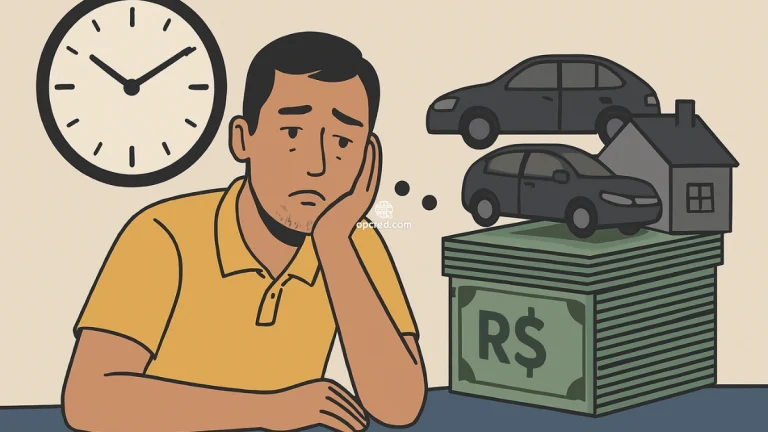 Homem brasileiro sentado à mesa, olhando pensativo para um relógio e uma pilha de dinheiro com carro e casa ao fundo, representando a espera pela contemplação em consórcio.