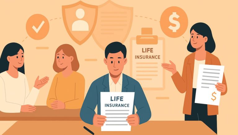 Ilustração flat horizontal mostrando pessoas discutindo e analisando documentos relacionados à indenização de seguro de vida, com ícones de calendário, escudo e cifrão ao fundo.