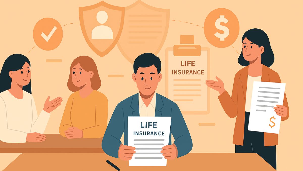 Ilustração flat horizontal mostrando pessoas discutindo e analisando documentos relacionados à indenização de seguro de vida, com ícones de calendário, escudo e cifrão ao fundo.