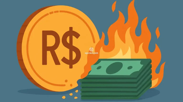 Ilustração de uma moeda de real ao lado de notas queimando, representando o impacto silencioso da inflação no poder de compra