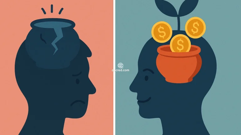 Ilustração conceitual representando a diferença entre mentalidade de escassez e mentalidade de abundância, com perfis humanos e elementos simbólicos como jarros quebrados e plantas com moedas.