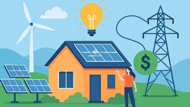 Ilustração de casa brasileira com painéis solares, turbina eólica e ícones de energia e economia, representando o mercado livre de energia para residências.