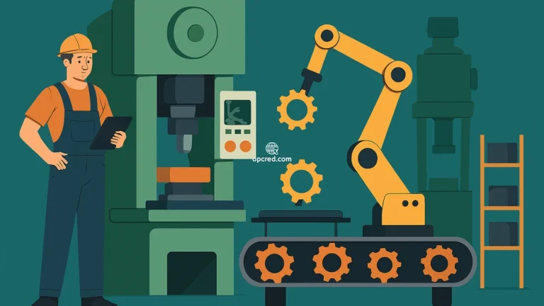 Ilustração de uma fábrica moderna com prensas industriais e robôs automatizados, representando a modernização da produção por meio de consórcio sem juros.