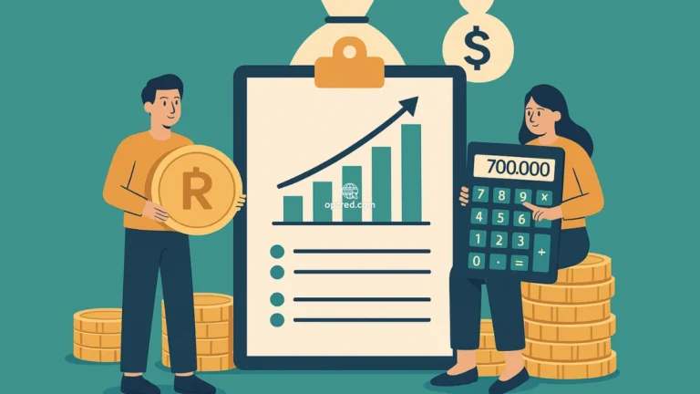 Ilustração digital de estilo flat mostrando um homem segurando uma moeda de real, uma mulher com calculadora e um gráfico de barras ascendentes sobre uma prancheta, representando o conceito de patrimônio líquido.