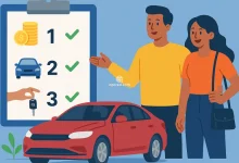 Ilustração de casal brasileiro ao lado de um carro vermelho, observando uma prancheta com etapas do consórcio de veículo sobre fundo azul uniforme.