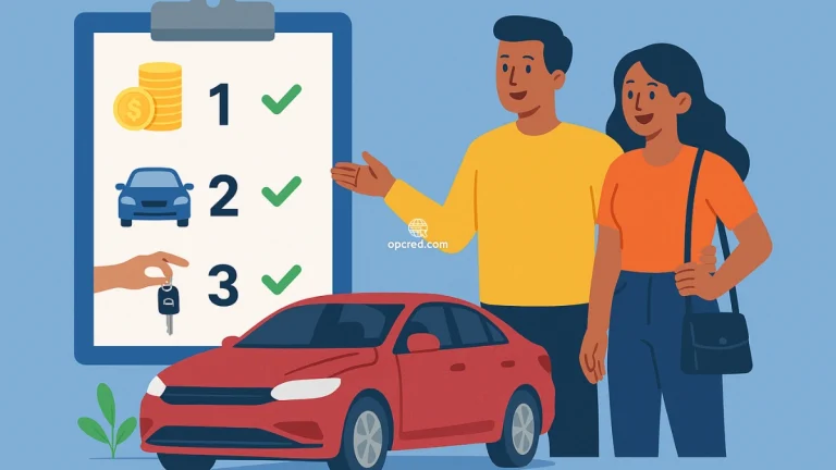 Ilustração de casal brasileiro ao lado de um carro vermelho, observando uma prancheta com etapas do consórcio de veículo sobre fundo azul uniforme.