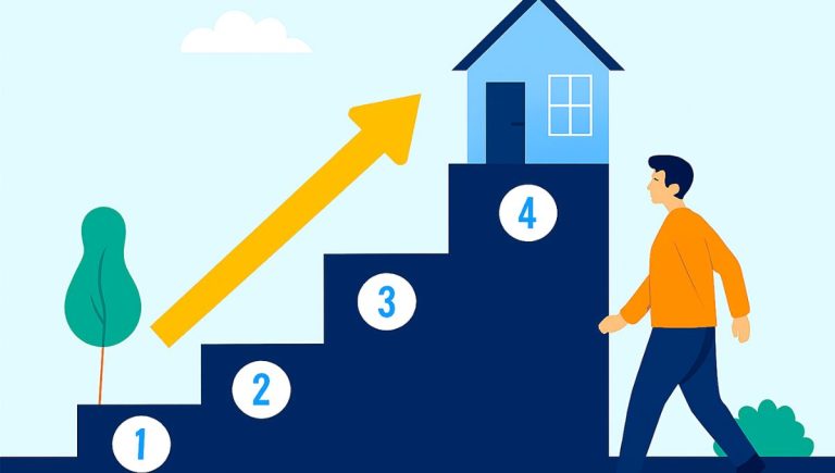 Ilustração de uma pessoa subindo escadas numeradas em direção a uma casa, representando as etapas do consórcio de imóvel.