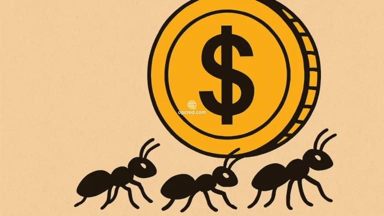 Três formigas pretas carregando uma moeda dourada sobre fundo bege, simbolizando o impacto das pequenas despesas no orçamento.
