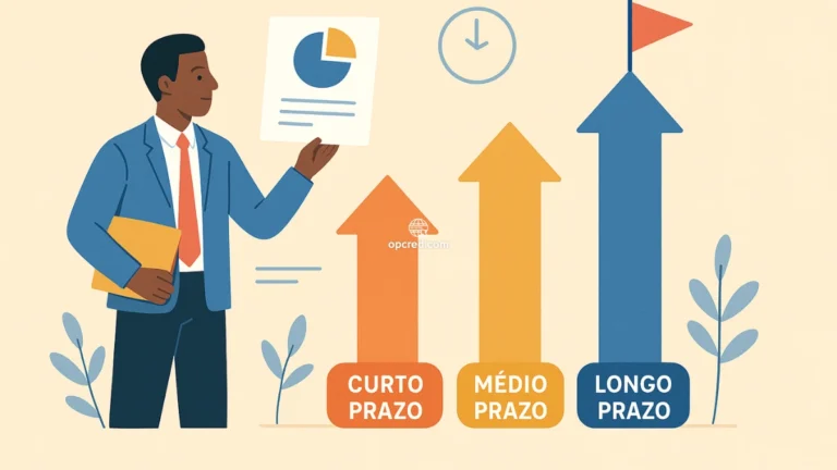 Ilustração de um profissional analisando gráfico com três setas representando planejamento de curto, médio e longo prazo, em estilo flat e fundo uniforme.