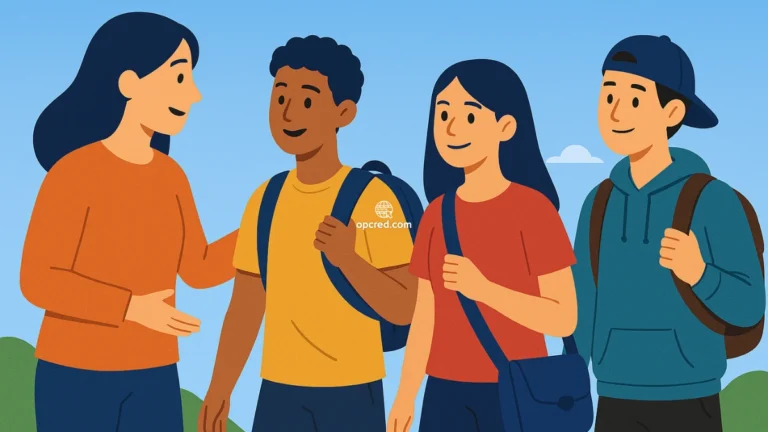 Grupo de adolescentes com mochilas conversando com uma mulher adulta em ambiente externo, sob céu azul, representando orientação para a vida adulta.