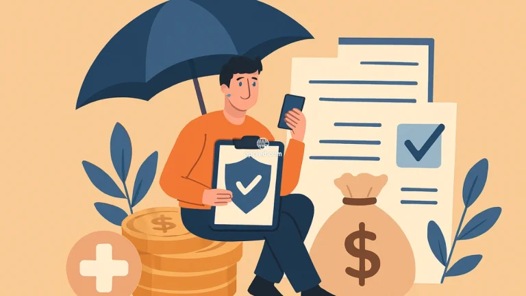 Ilustração de um homem jovem protegido por um guarda-chuva azul, sentado sobre moedas douradas, segurando um símbolo de seguro, representando os benefícios do seguro de vida em vida.