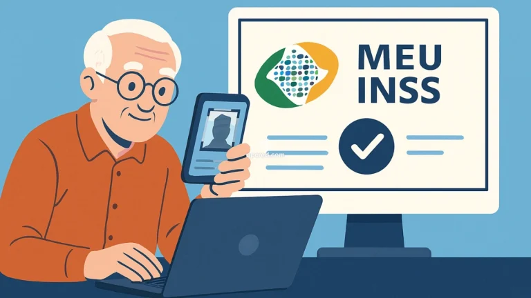 Idoso brasileiro realizando prova de vida digital pelo Meu INSS usando celular e computador em ambiente doméstico.