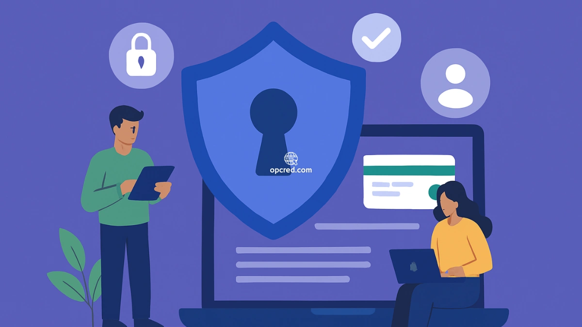 Ilustração digital em estilo flat representando conceitos de política de privacidade, com escudo, ícones de segurança e personagens interagindo com dispositivos eletrônicos.