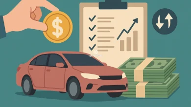 Ilustração de um consórcio de carro com elementos visuais como moeda, veículo, cédulas de dinheiro e gráfico financeiro sobre fundo uniforme