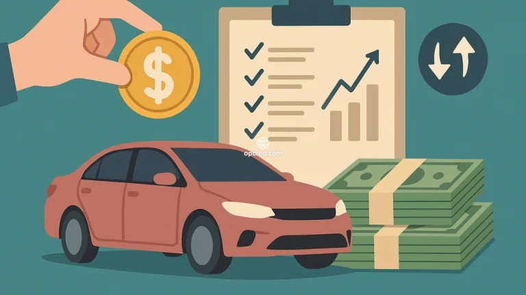 Ilustração de um consórcio de carro com elementos visuais como moeda, veículo, cédulas de dinheiro e gráfico financeiro sobre fundo uniforme