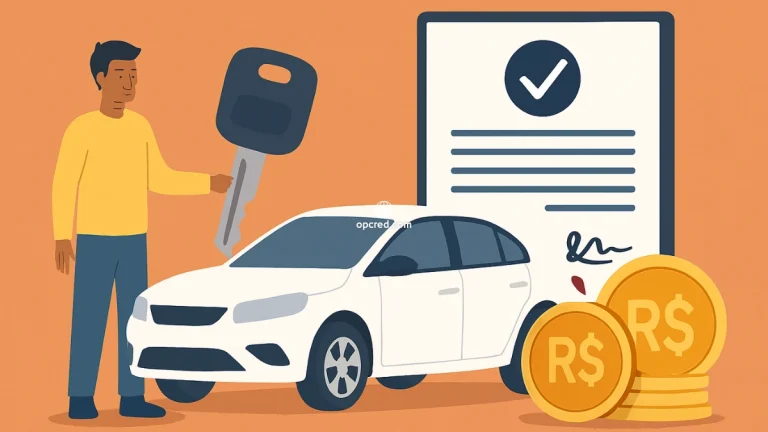 Ilustração de um homem segurando uma chave de carro ao lado de um veículo branco, com contrato e moedas representando consórcio de automóvel no Brasil.