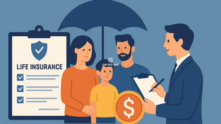 Ilustração de uma família brasileira protegida por um guarda-chuva simbólico, representando o conceito de seguro de vida, com um agente segurador e uma apólice ao fundo.