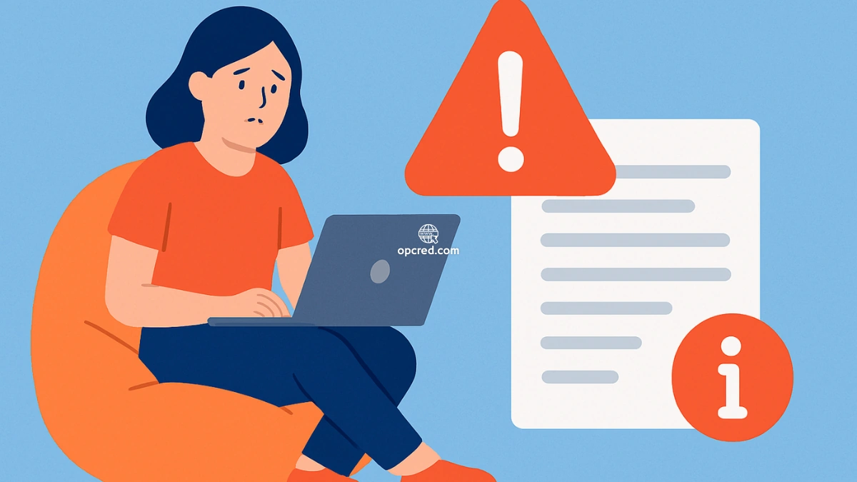 Ilustração digital em estilo flat de uma mulher preocupada usando notebook, ao lado de ícones de alerta e documento informativo, sobre fundo azul uniforme.