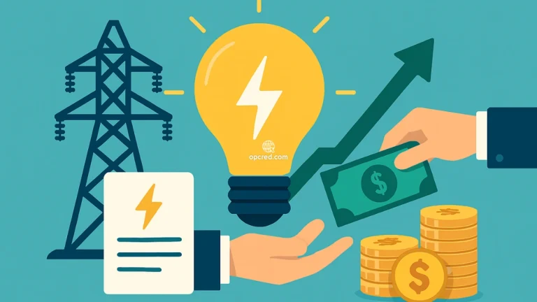 Ilustração representando o mercado livre de energia no Brasil, com símbolos de eletricidade, transações financeiras e geração de energia em estilo flat sobre fundo azul uniforme.
