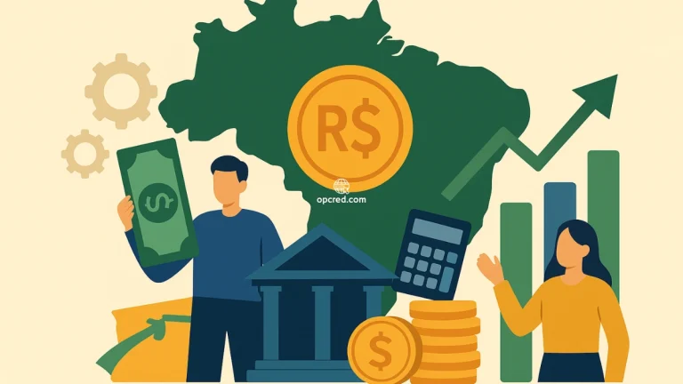 Ilustração digital representando o sistema financeiro brasileiro com elementos como mapa do Brasil, moeda real, banco, gráficos e personagens interagindo com símbolos econômicos.