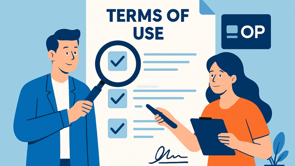 Ilustração de um homem e uma mulher analisando um documento digital de termos de uso, com elementos visuais que remetem a serviços financeiros online da OP Cred, sobre fundo azul uniforme.