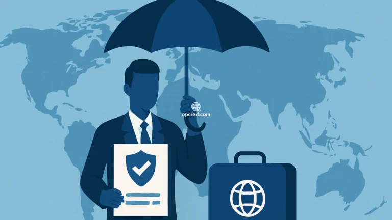 Ilustração de um homem segurando um guarda-chuva diante de um mapa-múndi, representando proteção global oferecida por seguro de vida internacional.