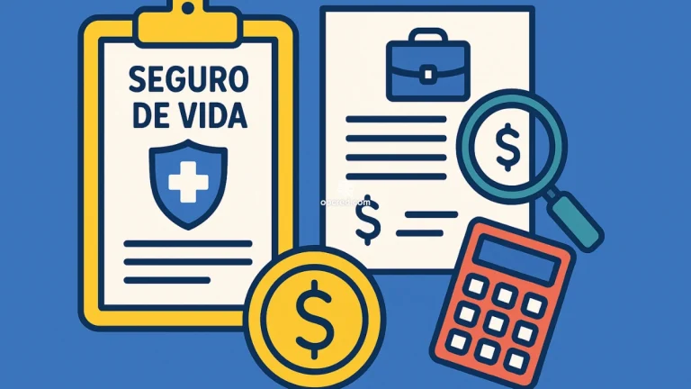 Ilustração colorida representando documentos de seguro de vida e declaração de imposto de renda, com símbolos financeiros como moeda e calculadora, sobre fundo azul uniforme.