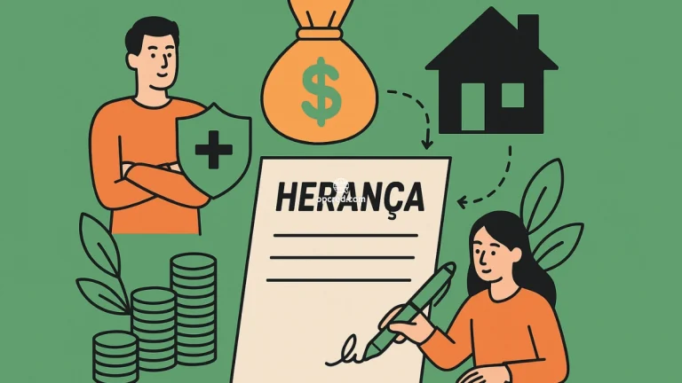 Ilustração representando planejamento sucessório e seguro de vida no Brasil, com elementos visuais como documento de herança, proteção familiar, casa, dinheiro e assinatura.