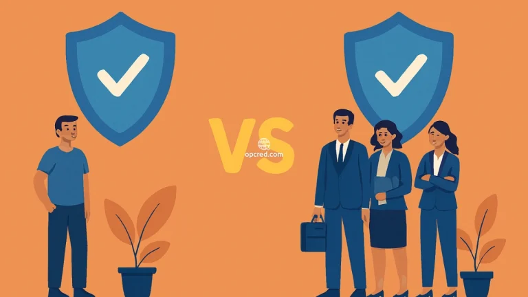 Ilustração comparativa entre seguro de vida individual e empresarial, com personagens brasileiros protegidos por escudos em fundo laranja uniforme.