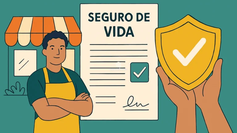 Ilustração de um microempreendedor brasileiro sorridente em frente à sua loja, ao lado de um documento de seguro de vida e um escudo dourado com símbolo de proteção, sobre fundo uniforme.