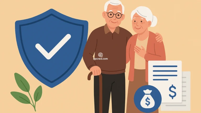 Ilustração de um casal de idosos sorridentes ao lado de um escudo azul com símbolo de proteção, representando segurança e tranquilidade oferecidas por seguros de vida para pessoas idosas.