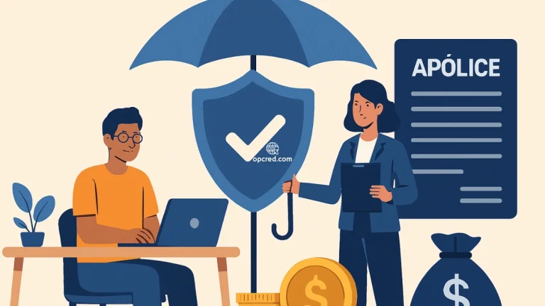 Ilustração de um profissional autônomo trabalhando em casa sob a proteção simbólica de um seguro de vida, com elementos visuais que representam segurança financeira e estabilidade.