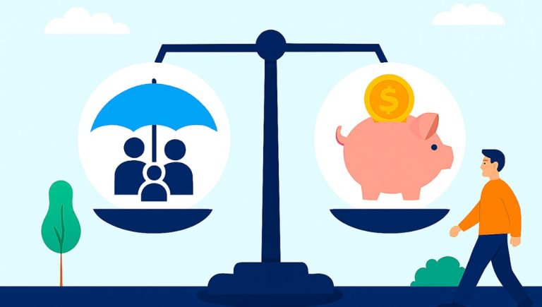Ilustração de balança comparando seguro de vida, simbolizado por um guarda-chuva azul sobre uma família, e previdência privada, representada por um porquinho-cofre e moeda.