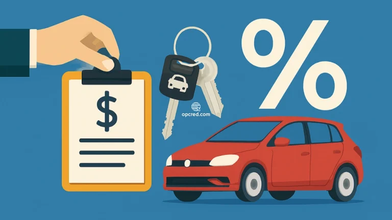 Ilustração de estilo flat mostrando elementos relacionados a taxas de consórcio de veículos, incluindo uma mão segurando uma prancheta com símbolo de dinheiro, chaves de carro e um automóvel vermelho com símbolo de porcentagem, sobre fundo azul uniforme.