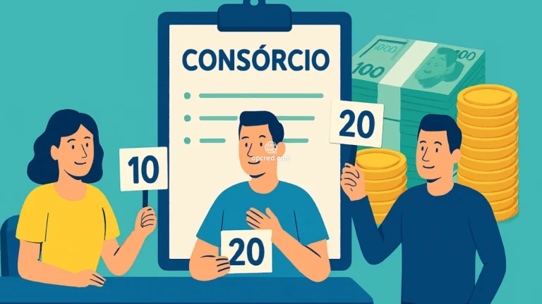Ilustração de pessoas participando de um consórcio com diferentes tipos de lance, acompanhadas por dinheiro em espécie e moedas, sobre fundo uniforme.