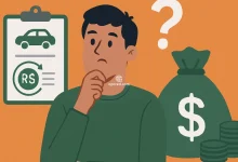 Ilustração de um jovem brasileiro pensativo diante de símbolos relacionados a consórcio, como dinheiro, carro e lance, sobre fundo laranja uniforme.