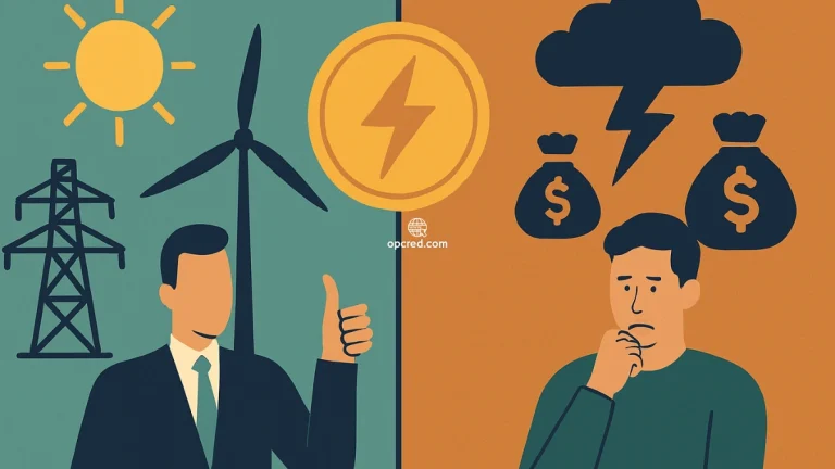 Ilustração conceitual representando os benefícios e os riscos da migração para o mercado livre de energia no Brasil, com elementos visuais como turbinas eólicas, torres de energia, símbolos financeiros e expressões humanas.