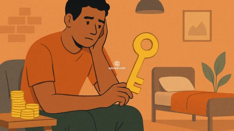 Homem pensativo segurando uma chave dourada em ambiente simples, com moedas empilhadas ao lado, simbolizando estabilidade financeira ao viver com menos.