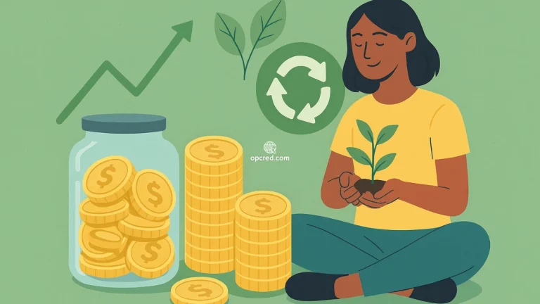 Mulher jovem segurando uma planta, ao lado de um pote de moedas e símbolos de sustentabilidade, representando hábitos financeiros sustentáveis.