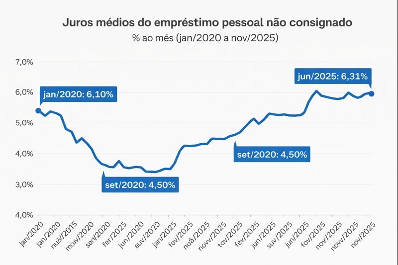 Gr&aacute;fico de linha mostra a evolu&ccedil;&atilde;o dos juros do empr&eacute;stimo pessoal n&atilde;o consignado no Brasil, que ca&iacute;ram para 4,50% ao m&ecirc;s em 2020 e subiram at&eacute; 6,23% ao m&ecirc;s em 2025.