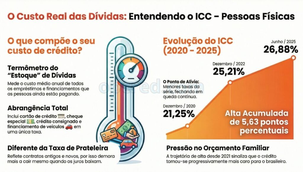Gr&aacute;fico de linha mostrando a evolu&ccedil;&atilde;o do Indicador de Custo do Cr&eacute;dito para pessoas f&iacute;sicas no Brasil, com alta do custo m&eacute;dio das d&iacute;vidas entre 2020 e 2025.